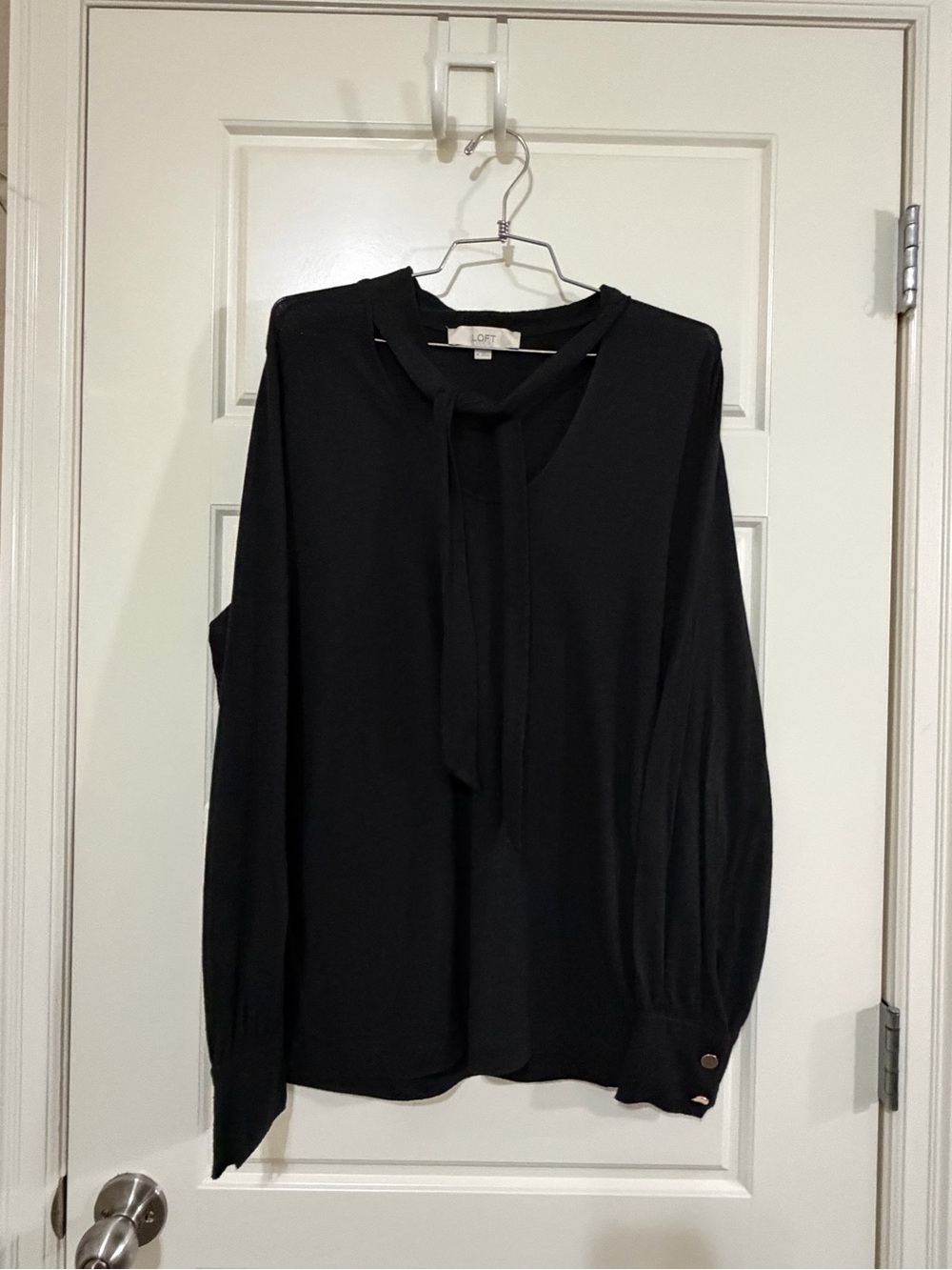 LOFT Black Tie-Neck Long Sleeve Blouse with Button Cuffs